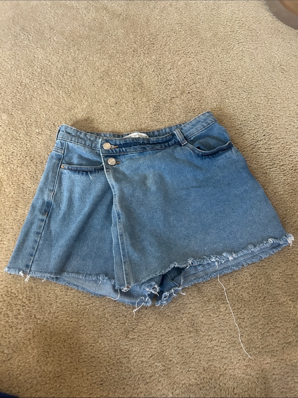 Zara Light Blue Denim Skort with Frayed Hemline
